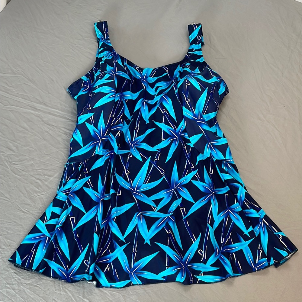 NWT T.H.E. Swim Dress Blue Tropical One Piece Bathing Suit Skirt Size 24 Modest
